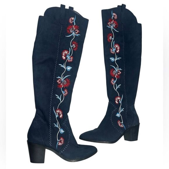 Carlos by Carlos Santana Faux Suede Navy Over the Knee Boots Floral Embroidered - Picture 1 of 16